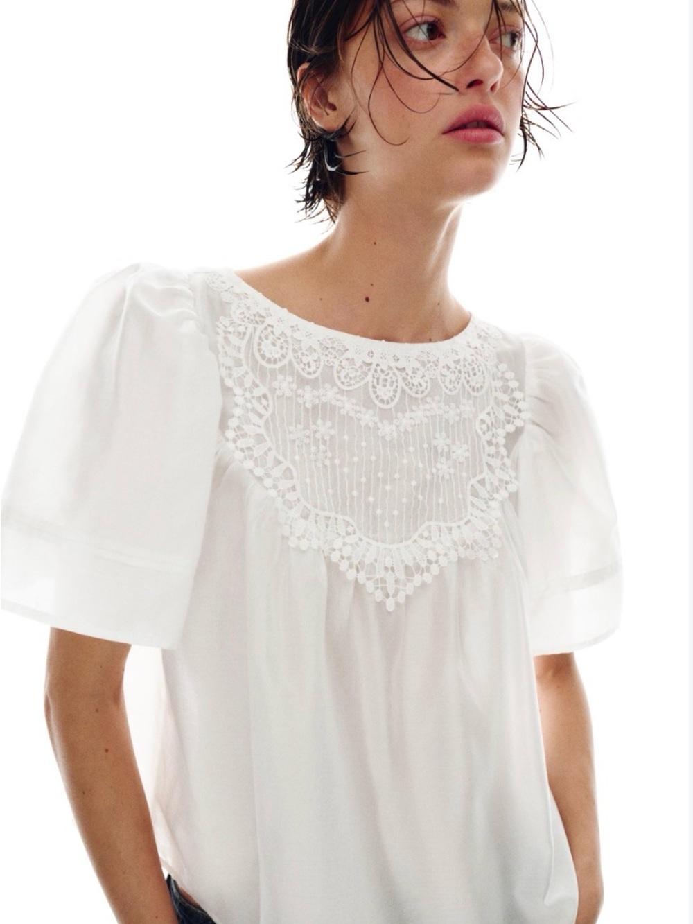 Zara White Lace Yoke Puff Sleeve Blouse